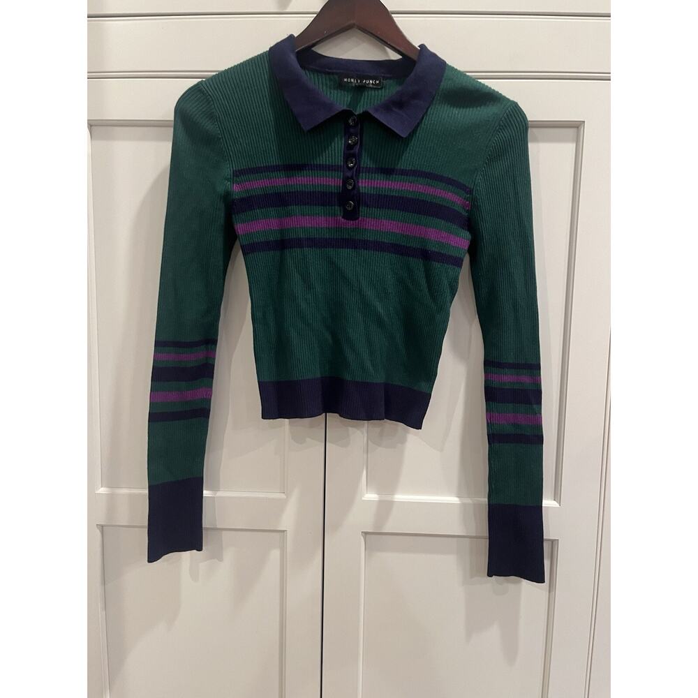 Honey Punch Women  Marsha collar polo sweater striped size M green blue preppy